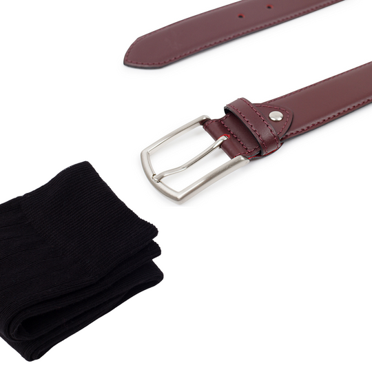 Pack Calcetín Negro + Cinturón Piel Burdeos